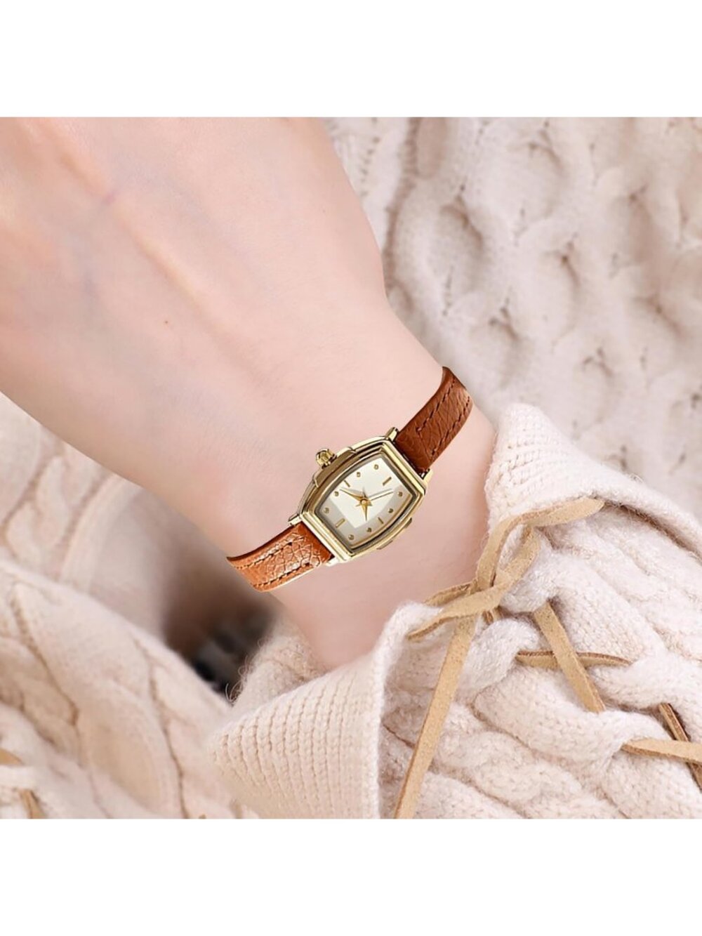 Women's Brown Gold White Vintage Retro Elegant Rectangular Case Wrist Watch - Picture 4 of 7
